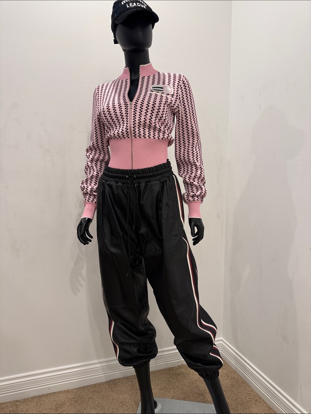 Miu Miu Black Lambskin Leather Jogger Pants w/ Stripe & Embossed Logo IT42/M NEW
